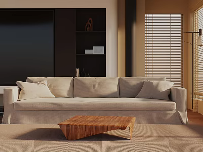 Beige Three Seater Sofa With Unique Wooden Coffee Table In Modern Living Room 3d model