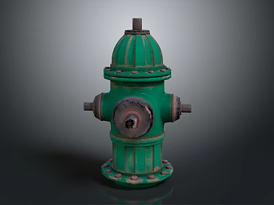 Green Fire Hydrant With Fluted Body Round Base And Metal Outlets 3d model