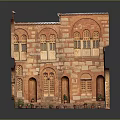 Cartoon Scene Featuring Orange Brick Building With Arched Windows And Flower Pots At Bottom