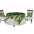 Elegant Dining Table Set With Round Table Green Yellow Floral Tablecloth Wooden Chairs And Cushions