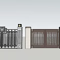 Modern Entrance Gate Featuring Wrought Iron Decorations Dark Brown Vertical Slats And Golden Pillar Accents