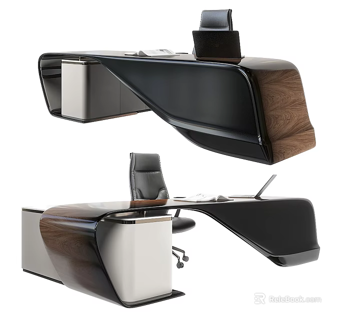 Modern Office Desk With Sleek Black Walnut Wood Finish Unique Curved Shape And Ergonomic Chair 3d model 