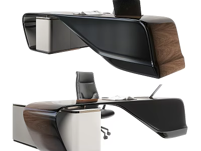 Modern Office Desk With Sleek Black Walnut Wood Finish Unique Curved Shape And Ergonomic Chair 3d model