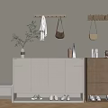 Minimalist Shoe Cabinet With Wall Hooks Small Bench Potted Plant And Hanging Bags