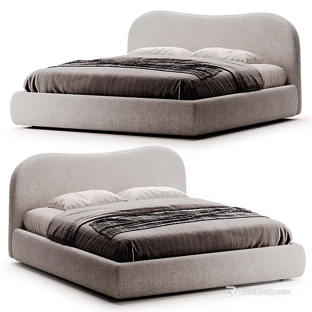 Modern Double Bed Design With Grey Frame Striped Bedspread And White Pillows 3d model