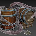 Cartoon Scene With Wooden Barrels And Purple Curled Tentacles Creature