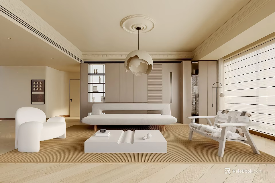Minimalist Living Room Interior With White Sofa Armchair Coffee Table And Pendant Light 3d model 