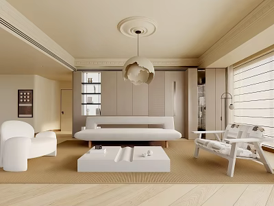Minimalist Living Room Interior With White Sofa Armchair Coffee Table And Pendant Light 3d model