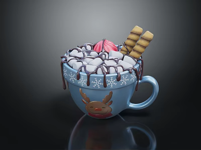 Hot Chocolate In Blue Reindeer Mug With Marshmallows Chocolate Drizzle And Waffle Sticks 3d model