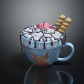 Hot Chocolate In Blue Reindeer Mug With Marshmallows Chocolate Drizzle And Waffle Sticks