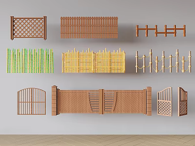 Various Wooden and Bamboo Fence Designs with Lattice Picket and Gate Styles 3d model