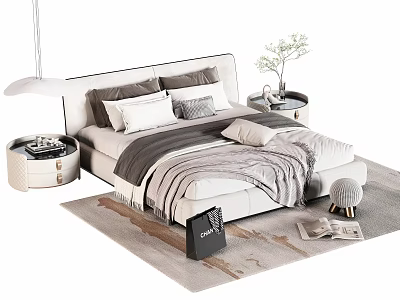 Modern Double Bed Interior With Soft Pillows Cozy Blanket Nightstands And Area Rug 3d model