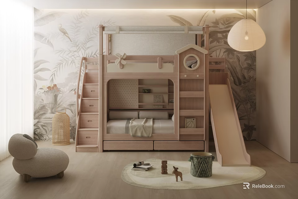 Kids Room Interior With Bunk Bed Slide Ladder Tropical Wall Mural Round Rug And Toys 3d model 