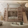 Kids Room Interior With Bunk Bed Slide Ladder Tropical Wall Mural Round Rug And Toys