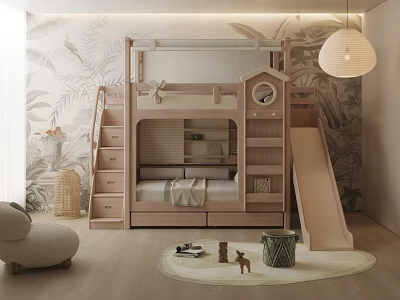 Kids Room Interior With Bunk Bed Slide Ladder Tropical Wall Mural Round Rug And Toys 3d model