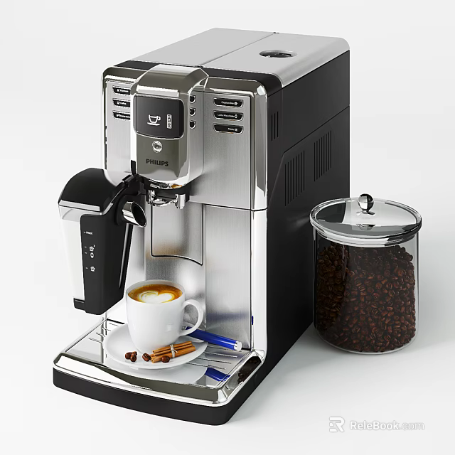 Modern Kitchen Coffee Machine With Espresso Cup Coffee Beans Container And Cinnamon 3d model 