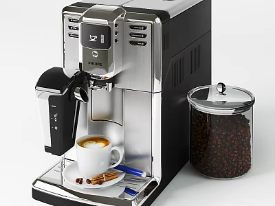 Modern Kitchen Coffee Machine With Espresso Cup Coffee Beans Container And Cinnamon 3d model