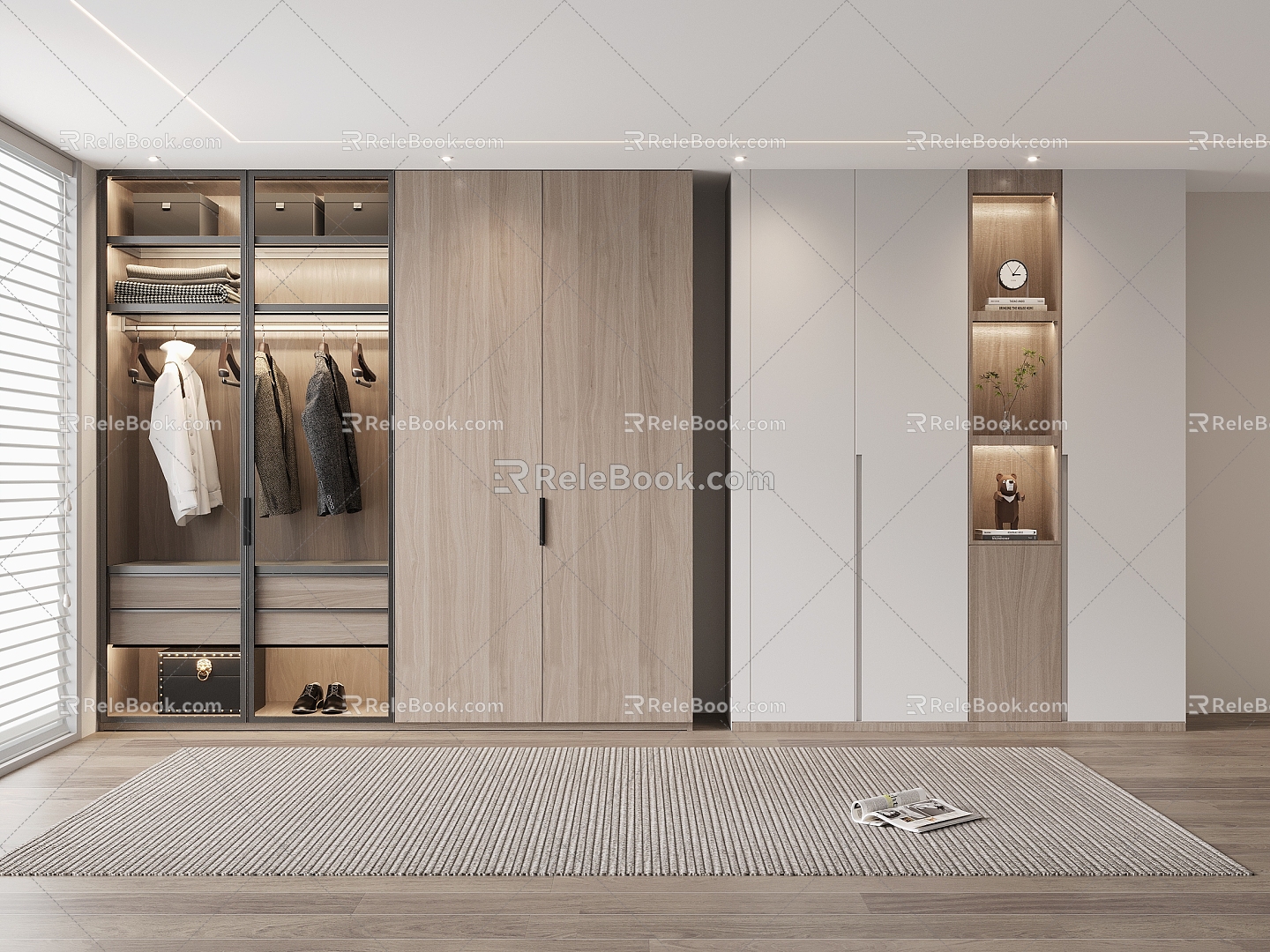 Modern Wardrobe Glass Door Wardrobe Wood Grain Wardrobe 3d model