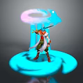 Warrior Character Standing On Blue Glowing Platform With Sword And Pink Aura 3d model