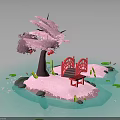Enchanting Pink Island With Cherry Blossom Tree Red Bridge Bench And Lily Pads