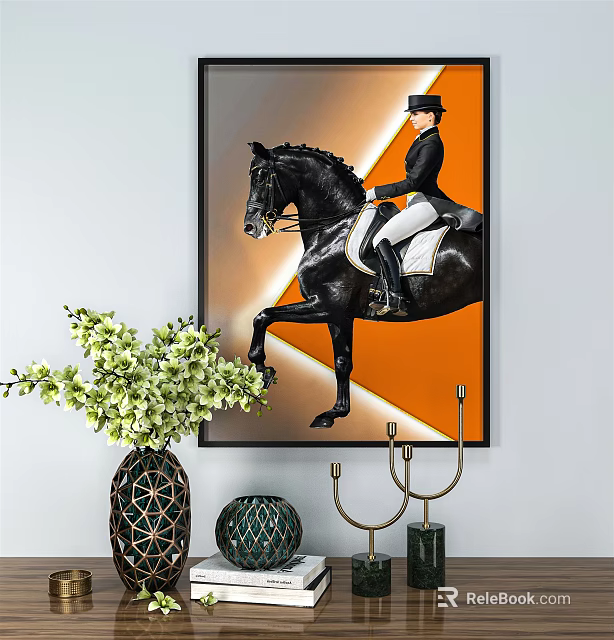 Equestrian Rider On Black Horse With Orange Background And Interior Decor Vase Candle Holder 3d model 