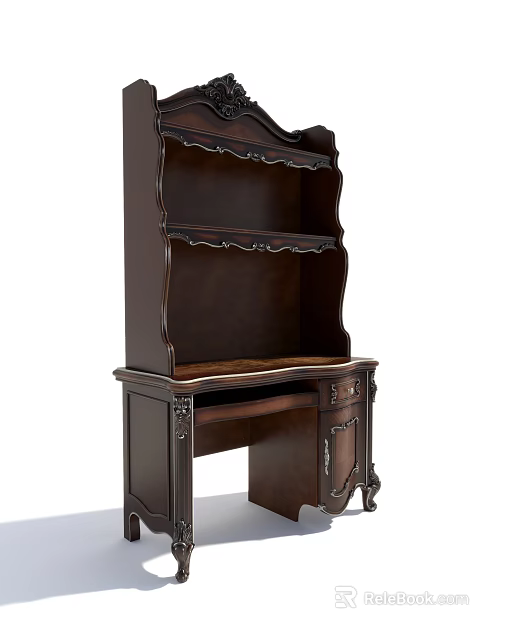 Antique Wooden Desk With Carved Details Upper Bookshelf And Drawers 3d model 