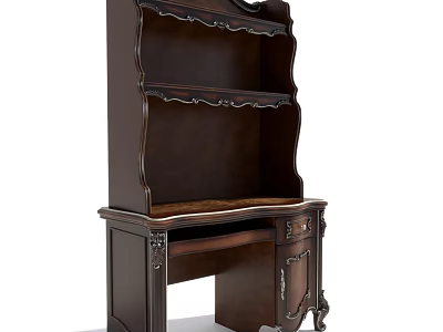 Antique Wooden Desk With Carved Details Upper Bookshelf And Drawers 3d model