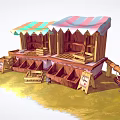 Two Wooden Stalls With Colorful Awnings And Wooden Crates Near Small Signs On Grass Field
