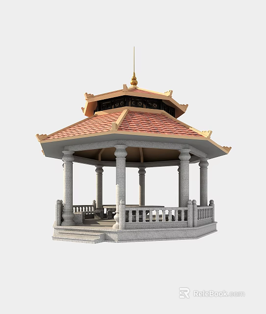 Traditional Chinese Pavilion Featuring Octagonal Red Tile Roof Golden Decorations And Stone Railings 3d model 
