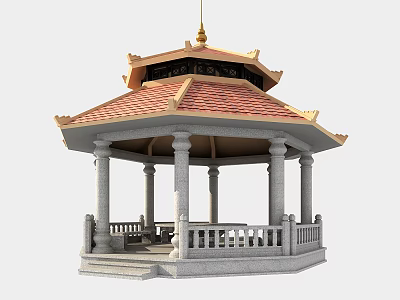 Traditional Chinese Pavilion Featuring Octagonal Red Tile Roof Golden Decorations And Stone Railings 3d model