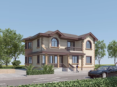 Two Story Detached Villa With Brown Roof Beige Exterior Arched Windows And Front Greenery 3d model