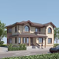 Two Story Detached Villa With Brown Roof Beige Exterior Arched Windows And Front Greenery