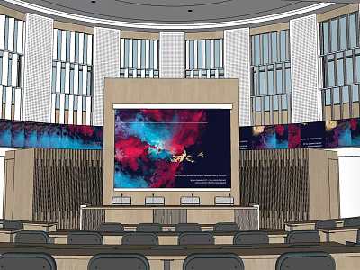 Modern Conference Room Interior With Large Display Decorative Panels And Seating 3d model