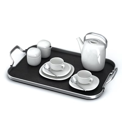 Stylish Tableware Set With White Teapot Cups Saucers Lidded Jars And Spoons On Tray 3d model