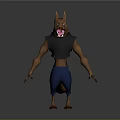 Muscular Anthropomorphic Wolf Character Wearing Black Vest And Blue Pants Standing With Tongue Out