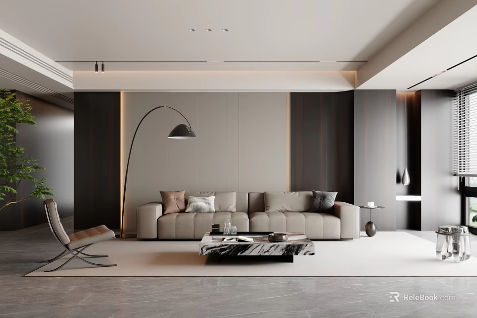 Modern Sofa and Coffee Table Set With Beige Pillows Black Floor Lamp in Living Room 3d model 