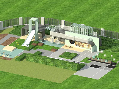 Outdoor Children's Play Area With Slide Green Grass Fence And Play Equipment 3d model