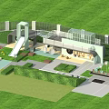 Outdoor Children's Play Area With Slide Green Grass Fence And Play Equipment