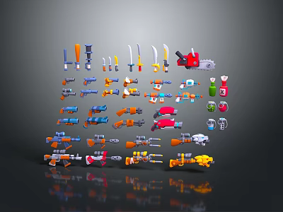 Colorful Toy Weapons Collection Featuring Various Types And Designs On 3d model