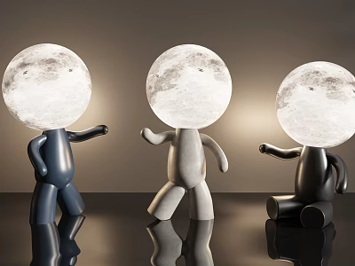 Three Creative Moon Surface Table Lamps with Humanoid Bases in Blue Gray Black 3d model