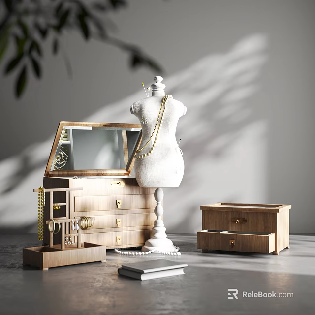 Elegant Jewelry Decor Set With Wooden Dresser Mirror Mannequin Necklace Small Wooden Box And Accessories 3d model 
