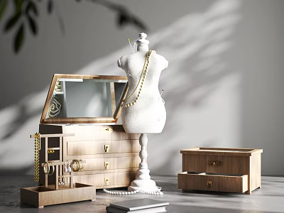 Elegant Jewelry Decor Set With Wooden Dresser Mirror Mannequin Necklace Small Wooden Box And Accessories 3d model