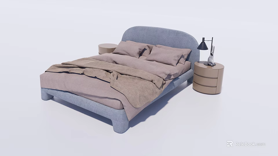 Kids Bed With Blue Frame Light Brown Pillows Blanket And Wooden Nightstand With Black Lamp 3d model 