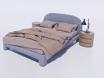 Kids Bed With Blue Frame Light Brown Pillows Blanket And Wooden Nightstand With Black Lamp 3d model