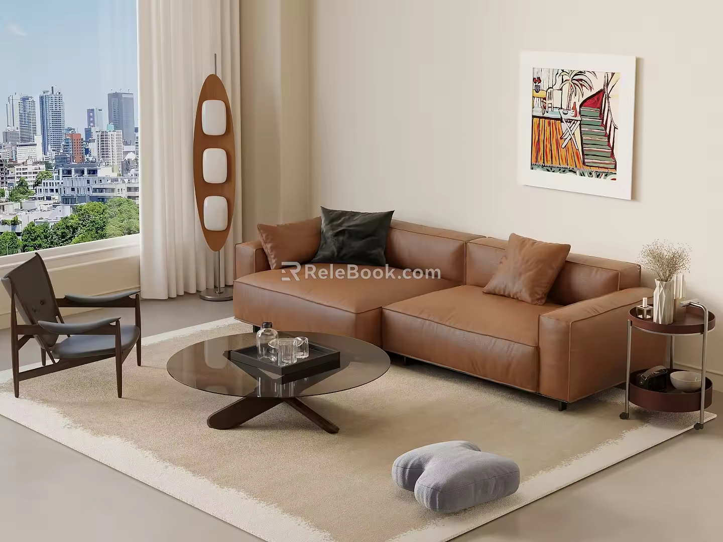 Modern Sofa Coffee Table Combination Single Sofa Floor Lamp Pillow 3d model