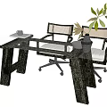 Modern Glass Top Desk With Rattan Backrest Chair Potted Plant And Mug On Wooden Legs