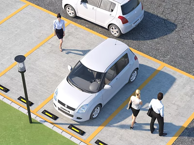 Parking Lot With Parked White Cars Yellow Parking Lines Street Lamp And People Walking 3d model
