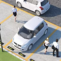 Parking Lot With Parked White Cars Yellow Parking Lines Street Lamp And People Walking