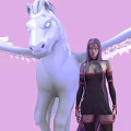 Fantasy Character In Dark Clothing With White Winged Unicorn On Pink Background