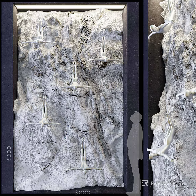 White Human Sculptures on Textured Rock Wall with Silhouette Art 3d model 